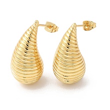 Honeyhandy Rack Plating Brass Teardrop with Stripe Stud Earrings, Long-Lasting Plated, Cadmium Free & Lead Free, Real 18K Gold Plated, 28~29x14.5mm