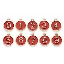 Honeyhandy Light Gold Plated Alloy Enamel Charms, Enamelled Sequins, Flat Round with Number, Number 0~9, Dark Red, 14.5x12x2.5mm, Hole: 1.4mm, 10pcs/set