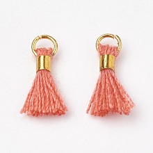 Honeyhandy Polycotton(Polyester Cotton) Tassel Pendant Decorations, Mini Tassel, with Brass Findings, Golden, Tomato, 10~15x3~4mm, Hole: 2mm