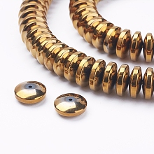 Honeyhandy Electroplate Non-Magnetic Synthetic Hematite Beads Strands, Heishi Beads, Flat Round/Disc, Golden Plated, 11x4mm, Hole: 1mm, about 93pcs/strand, 15.6 inch(39.7cm)