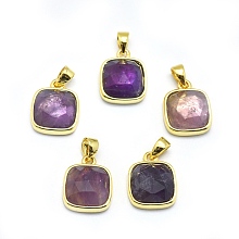 Honeyhandy Natural Amethyst Pendants, with Golden Tone Brass Findings, Square, Faceted, 13x11x5mm, Hole: 3.5x5.5mm