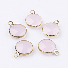 Honeyhandy Golden Tone Brass Glass Flat Round Charms, Faceted, Lavender Blush, 12x8.5x3mm, Hole: 1.5mm