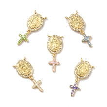 Honeyhandy Brass Charms, with Shell, Cadmium Free & Lead Free, Long-Lasting Plated, Oval with Saint & Cross, Real 18K Gold Plated, Mixed Color, 30mm, Hole: 1.5mm