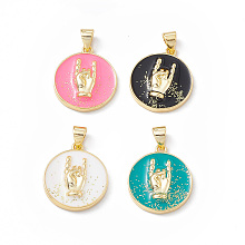 Honeyhandy Rack Plating Brass Enamel Pendants, with Glitter Powder, Long-Lasting Plated, Real 18K Gold Plated, Flat Round with Rock Hand Gesture Charm, Mixed Color, 21.5x16.5x3.5mm, Hole: 4x3mm