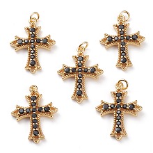 Honeyhandy Brass Micro Pave Black Cubic Zirconia Pendants, with Jump Rings, Greek Cross, Real 18K Gold Plated, 25x18.5x3mm, Jump Ring: 5x1mm, 3mm Inner Diameter