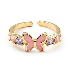 Honeyhandy Enamel Butterfly Open Cuff Ring with Cubic Zirconia, Brass Jewelry for Women, Cadmium Free & Lead Free, Real 18K Gold Plated, US Size 6 1/4(16.7mm)