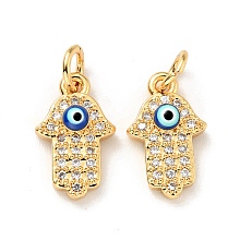 Honeyhandy Eco-friendly Brass Micro Pave Clear Cubic Zirconia Pendants, with Enamel and Jump Ring, Cadmium Free & Lead Free, Hamsa Hand/Hand of Miriam with Evil Eye, Real 18K Gold Plated, 14x8.5x3mm, Hole: 3.2mm