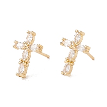 Honeyhandy Clear Cubic Zirconia Cross Stud Earrings, Brass Jewelry for Women, Lead Free & Cadmium Free, Real 18K Gold Plated, 14x10mm, Pin: 0.8mm