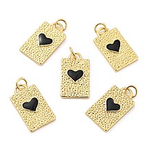 Honeyhandy Rack Plating Brass Black Enamel Pendants, Long-Lasting Plated, Lead Free & Cadmium Free & Nickel Free, Rectangle with Heart, Real 18K Gold Plated, 19x11x2mm, Jump Ring: 5x1mm, 3mm Inner Diameter