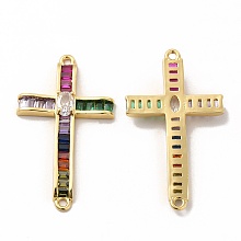 Honeyhandy Rack Plating Brass Pave Cubic Zirconia Connector Charms, Cadmium Free & Lead Free, Real 18K Gold Plated, Religion Cross Links, Colorful, 39x22x4mm, Hole: 1.2mm