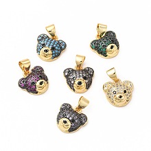 Honeyhandy Rack Plating Brass Micro Pave Cubic Zirconia Charms, Cadmium Free & Lead Free, Real 18K Gold Plated, Long-Lasting Plated, Bear Head Charm, Mixed Color, 11.5x12x5mm, Hole: 3.5x4.5mm