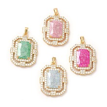 Honeyhandy Rack Plating Brass & Crushed Ice Cut Cubic Zirconia Pendants, with Rhinestone, Real 14K Gold Plated, Cadmium Free & Lead Free, Rectangle, Mixed Color, 28x21x7mm, Hole: 5x2.5mm