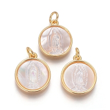 Honeyhandy Brass Pendants, with Shell and Jump Ring, Flat Round with Virgin Mary, Golden, 16x14x3mm, Hole: 3mm