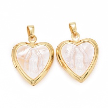 Honeyhandy Natural Shell Pendants, with Rack Plating Brass Findings, Cadmium Free & Lead Free & Nickle Free, Seashell Color, Heart with Virgin Mary, Real 18K Gold Plated, 21x17x6mm, Hole: 5.5x2.7mm