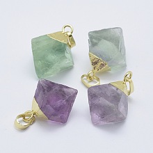 Honeyhandy Natural Fluorite Pendants, with Brass Findings, Cone, Golden, 25~28x18~25x14.5~20mm, Hole: 4x6.5mm