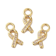 Honeyhandy Rack Plating Brass Pave Cubic Zirconia Charms, Lead Free & Cadmium Free, Real 18K Gold Plated, Long-Lasting Plated, Awareness Ribbon Charm, Clear, 14x6.5x2mm, Hole: 3mm