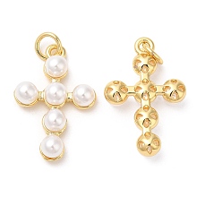 Honeyhandy Brass Plastic Imitation Pearls Pendants, with Jump Ring, Cadmium Free & Lead Free, Long-Lasting Plated, Cross Charms, Real 18K Gold Plated, 22x14.5x5mm, Hole: 3mm