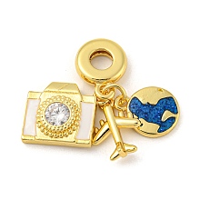 Honeyhandy Rack Plating Brass Enamel European Dangle Charms, Airplane Earth Camera Large Hole Charms, with Cubic Zirconia, Long-Lasting Plated, Lead Free & Cadmium Free, Real 18K Gold Plated, 33.5mm, Airplane: 14x10x3mm, Camera: 12.5x13.5x4mm, Earth: 13x10x2mm, Hole: 4.5mm