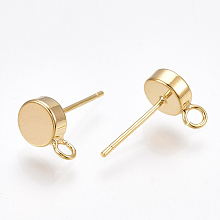 Honeyhandy Brass Stud Earring Findings, with Loop, Flat Round, Nickel Free, Real 18K Gold Plated, 9x6mm, Hole: 1.8mm, Pin: 0.8mm