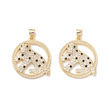 Honeyhandy Brass Micro Pave Colorful Cubic Zirconia Pendants, Flat Round with Leopard, Real 18K Gold Plated, 24.5x22x4.5mm, Hole: 3.5x4mm