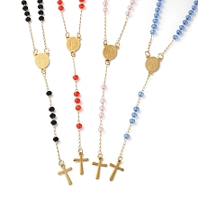 Honeyhandy Glass Rosary Bead Necklaces, PVD Vacuum Plating Golden 304 Stainless Steel Cross Pendant Necklace, Mixed Color, 18.11~18.94 inch(46~48.1cm)