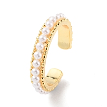 Honeyhandy Plastic Pearl Beaded Open Cuff Ring, Rack Plating Brass Jewelry for Women, Cadmium Free & Lead Free, Real 18K Gold Plated, Inner Diameter: 19mm