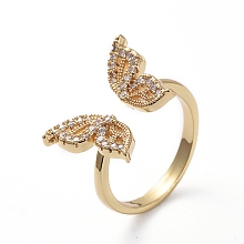 Honeyhandy Adjustable Brass Cuff Finger Rings, with Micro Pave Cubic Zirconia, Butterfly, Clear, Golden, Size 7, 17.1mm