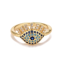 Honeyhandy Colorful Cubic Zirconia Evil Eye Open Cuff Ring, Rack Plating Brass Jewelry for Women, Cadmium Free & Lead Free, Real 18K Gold Plated, Inner Diameter: 16~16.5mm