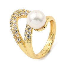 Honeyhandy Cubic Zirconia Hollow Teardrop Open Cuff Ring with Plastic Imitation Pearl Beaded, Rack Plating Brass Ring, Cadmium Free & Lead Free, Real 18K Gold Plated, US Size 5 3/4(16.3mm)