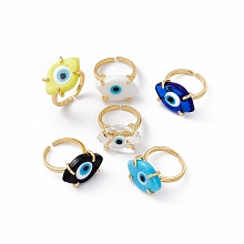 Honeyhandy Lampwork Oval with Evil Eye Open Cuff Ring, Real 18K Gold Plated Brass Lucky Jewelry for Women, Lead Free & Cadmium Free, Mixed Color, US Size 6 1/4(16.7mm)