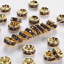 Honeyhandy Brass Grade A Rhinestone Spacer Beads, Golden Plated, Rondelle, Nickel Free, Black Diamond, 4x2mm, Hole: 0.8mm