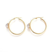 Honeyhandy 304 Stainless Steel Hoop Earrings, with Acrylic Imitation Pearl, Ring, Golden, 37x40.5x2~12mm, Pin: 1x0.6mm