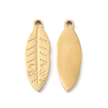 Honeyhandy Ion Plating(IP) 316L Surgical Stainless Steel Pendants, Leaf Charm, Textured, Real 18K Gold Plated, 16x5x1mm, Hole: 1mm