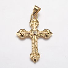 Honeyhandy 304 Stainless Steel Big Pendants, Ion Plating (IP), with Rhinestone, Cross, Golden, 38x55x4mm, Hole: 7x9mm