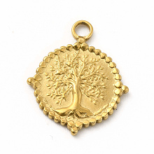 Honeyhandy 304 Stainless Steel Pendants, Flat Round with Tree of Life Charms, Golden, 22.5x18.5x2mm, Hole: 2.6mm