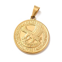 Honeyhandy Vacuum Plating 201 Stainless Steel Coin Pendants, Flat Round with Eagle, Golden, 32x28.5x3mm, Hole: 8.5x4.5mm