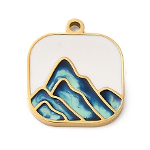 Honeyhandy Ion Plating(IP) 304 Stainless Steel Enamel Pendants, Laser Cut, Square with Mountain Charm, Real 18K Gold Plated, 17x15x1.5mm, Hole: 1.5mm