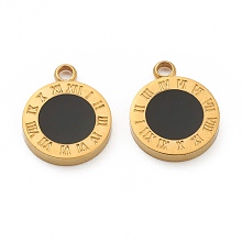 Honeyhandy Fashion 304 Stainless Steel Enamel Charms, Flat Round with Black Roman Numerals, Golden, 14x11x2mm, Hole: 1.8mm