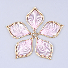 Cotton Thread Woven Pendants, with Alloy Findings, Leaf, Golden, Pink, 43x26.5x2mm, Hole: 1.8mm