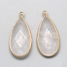 Honeyhandy Natural Quartz Crystal Pendants, Rock Crystal, with Golden Tone Brass Findings, Faceted, teardrop, Clear, 32.5~33x16x6mm, Hole: 2.5mm