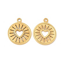 Honeyhandy Ion Plating(IP) 304 Stainless Steel Pendants, Flat Round with Hollow Out Heart Charms, Real 18K Gold Plated, 18x14.5x1.5mm, Hole: 1.5mm