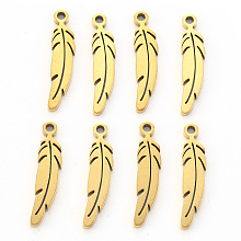 Honeyhandy Vacuum Plating 201 Stainless Steel Pendants, Laser Cut, Feather, Golden, 17x4.5x1mm, Hole: 1mm