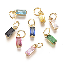 ARRICRAFT Brass Micro Pave Cubic Zirconia Charms, Birthstone Charms, Long-Lasting Plated, with Jump Ring, Real 18K Gold Plated, Rectangle, Mixed Color, 10x3x3mm, Hole: 3mm