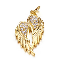 Honeyhandy Brass Micro Pave Cubic Zirconia Pendants, Wing, Golden, 22x13x3mm, Hole: 3mm