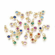 Honeyhandy Brass with Single Cubic Zirconia Charms, Single Stone Charms, Flat Round, Golden, Mixed Color, 6.5x4.5x2mm, Hole: 2.5~3mm