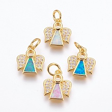 Honeyhandy Brass Cubic Zirconia Pendants, with Synthetic Opal, Angel, Golden, Mixed Color, 14.5x12x2.5mm, Hole: 4mm