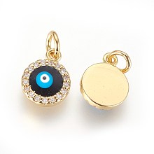 Honeyhandy Brass Micro Pave Cubic Zirconia Charms, with Enamel and Jump Ring, Evil Eye, Golden, 11x9x3mm, Hole: 3mm