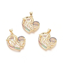 Honeyhandy Brass Micro Pave Cubic Zirconia Pendants, Heart with Word MOM, For Mother's Day, Colorful, Golden, 23.5x22.5x3.5mm, Hole: 3.5x4.5mm