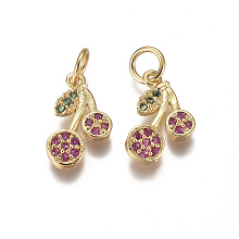 Honeyhandy Brass Micro Pave Cubic Zirconia Charms, with Jump Rings, Cherry, Magenta & Green, Golden, 12x7x1.5mm, Hole: 3mm