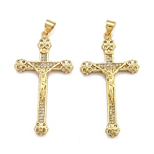 Honeyhandy Brass Micro Pave Clear Cubic Zirconia Pendants, Long-Lasting Plated, Cross, Real 18K Gold Plated, 42.5x23x3mm, Hole: 3.5x4mm